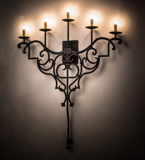 Meyda Lighting Fleur De Lys 36" 5-Light Costello Black Wall Sconce With Amber Faux Candlelight