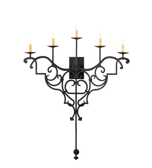 Meyda Lighting Fleur De Lys 36" 5-Light Costello Black Wall Sconce With Amber Faux Candlelight