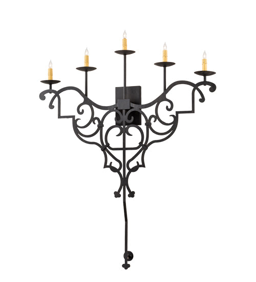 Meyda Lighting Fleur De Lys 36" 5-Light Costello Black Wall Sconce With Amber Faux Candlelight