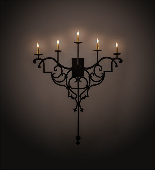 Meyda Lighting Fleur De Lys 36" 5-Light Distressed Costello Black Wall Sconce With Ivory Faux Candlelight