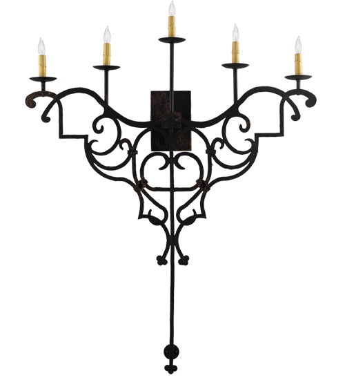 Meyda Lighting Fleur De Lys 36" 5-Light Distressed Costello Black Wall Sconce With Ivory Faux Candlelight