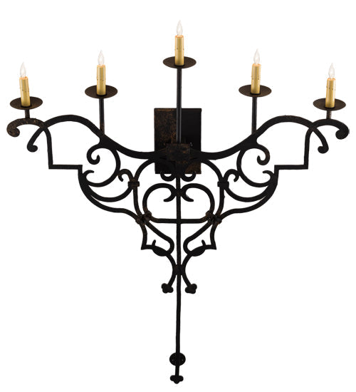 Meyda Lighting Fleur De Lys 36" 5-Light Distressed Costello Black Wall Sconce With Ivory Faux Candlelight