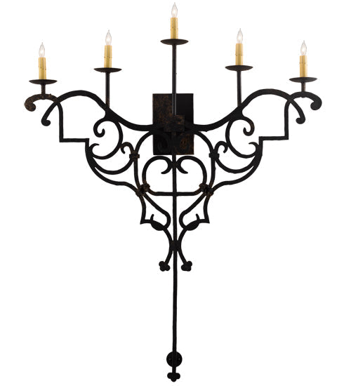 Meyda Lighting Fleur De Lys 36" 5-Light Distressed Costello Black Wall Sconce With Ivory Faux Candlelight