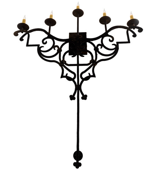 Meyda Lighting Fleur De Lys 36" 5-Light Distressed Costello Black Wall Sconce With Ivory Faux Candlelight