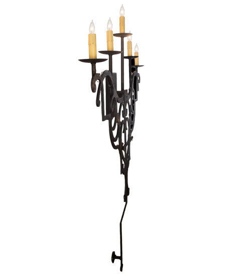 Meyda Lighting Fleur De Lys 36" 5-Light Distressed Costello Black Wall Sconce With Ivory Faux Candlelight