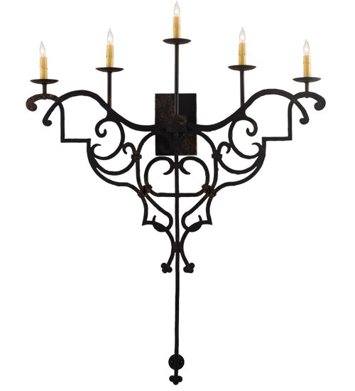 Meyda Lighting Fleur De Lys 36" 5-Light Distressed Costello Black Wall Sconce With Ivory Faux Candlelight