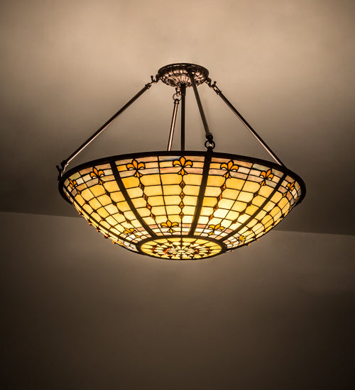 Meyda Lighting Fleur-de-Lite 24" 3-Light Mahogany Bronze Semi-flush Mount Light With Beige Shade Glass
