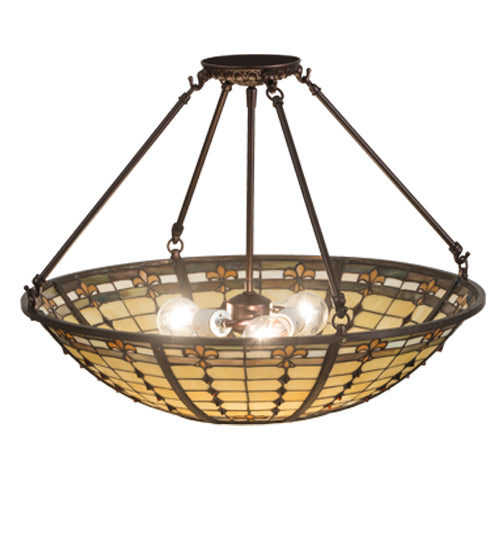 Meyda Lighting Fleur-de-Lite 24" 3-Light Mahogany Bronze Semi-flush Mount Light With Beige Shade Glass