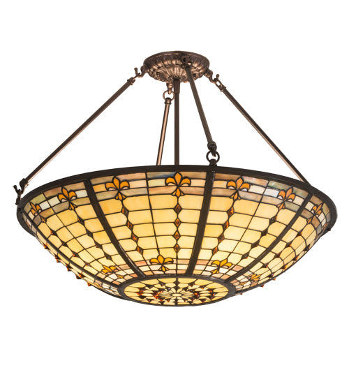 Meyda Lighting Fleur-de-Lite 24" 3-Light Mahogany Bronze Semi-flush Mount Light With Beige Shade Glass