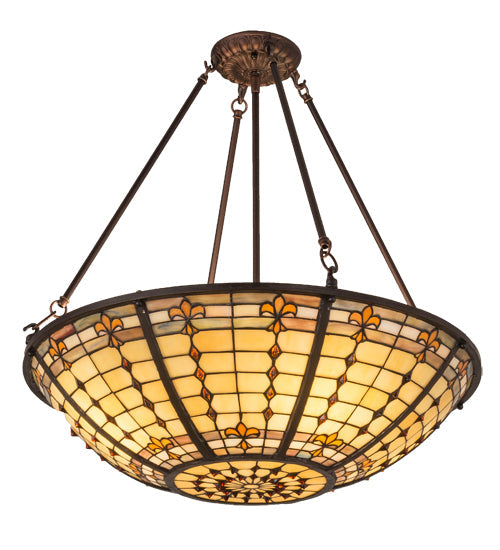 Meyda Lighting Fleur-de-Lite 24" 4-Light Mahogany Bronze Semi-flush Mount Light With Multi-Colored Shade Glass
