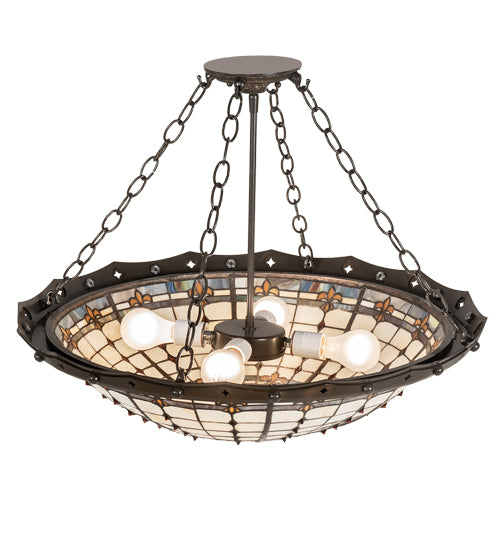 Meyda Lighting Fleur-de-Lite 26" 4-Light Timeless Bronze & Antique Copper Semi-flush Mount Light With Beige & Amber Shade Glass