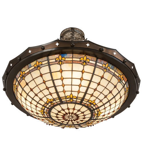 Meyda Lighting Fleur-de-Lite 26" 4-Light Timeless Bronze & Antique Copper Semi-flush Mount Light With Beige & Amber Shade Glass