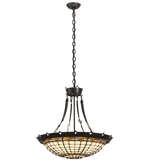 Meyda Lighting Fleur-de-Lite 26" 4-Light Timeless Bronze Inverted Pendant Light With Amber & Beige Shade Glass