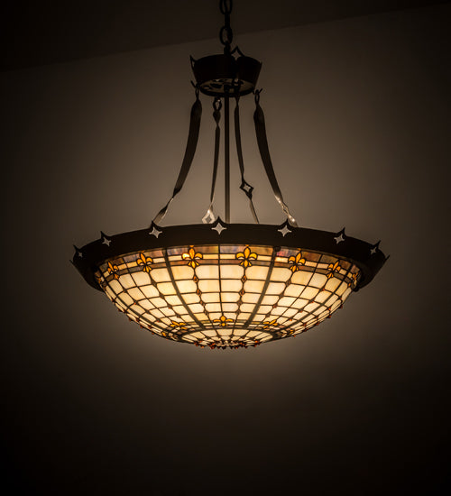 Meyda Lighting Fleur-de-Lite 26" 4-Light Timeless Bronze Inverted Pendant Light With Amber & Beige Shade Glass
