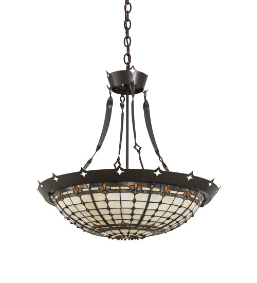 Meyda Lighting Fleur-de-Lite 26" 4-Light Timeless Bronze Inverted Pendant Light With Amber & Beige Shade Glass