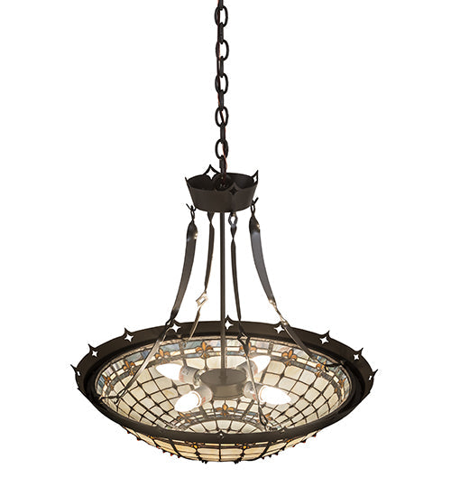 Meyda Lighting Fleur-de-Lite 26" 4-Light Timeless Bronze Inverted Pendant Light With Amber & Beige Shade Glass