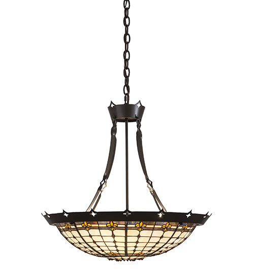 Meyda Lighting Fleur-de-Lite 26" 4-Light Timeless Bronze Inverted Pendant Light With Amber & Beige Shade Glass