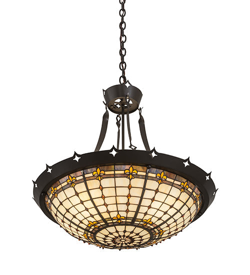 Meyda Lighting Fleur-de-Lite 26" 4-Light Timeless Bronze Inverted Pendant Light With Amber & Beige Shade Glass