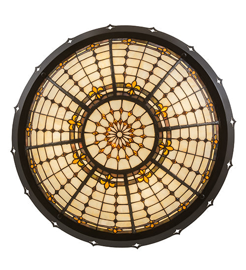 Meyda Lighting Fleur-de-Lite 26" 4-Light Timeless Bronze Inverted Pendant Light With Amber & Beige Shade Glass