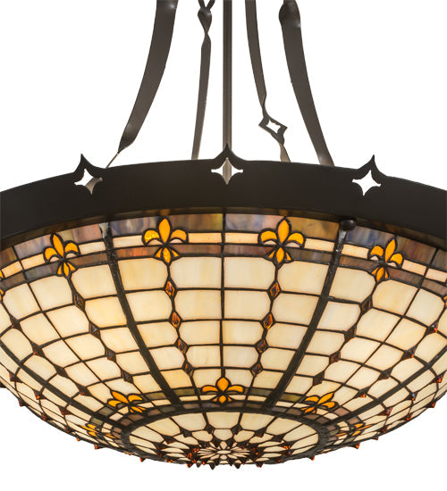 Meyda Lighting Fleur-de-Lite 26" 4-Light Timeless Bronze Inverted Pendant Light With Amber & Beige Shade Glass