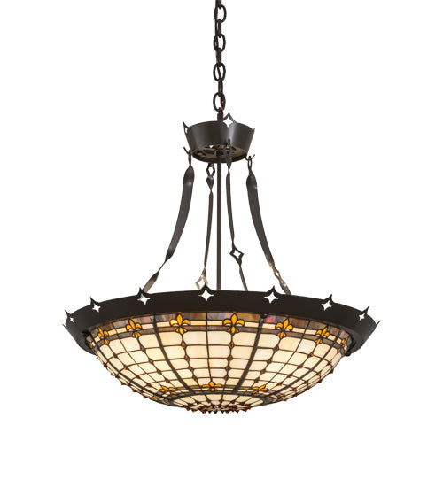Meyda Lighting Fleur-de-Lite 26" 4-Light Timeless Bronze Inverted Pendant Light With Amber & Beige Shade Glass