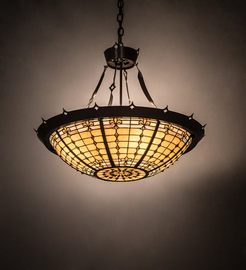 Meyda Lighting Fleur-de-Lite 28" 4-Light Timeless Bronze Inverted Pendant Light With Brown & Beige Shade Glass