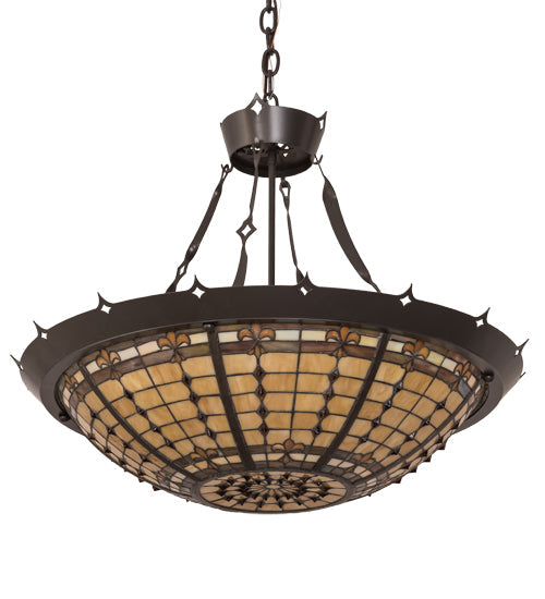 Meyda Lighting Fleur-de-Lite 28" 4-Light Timeless Bronze Inverted Pendant Light With Brown & Beige Shade Glass