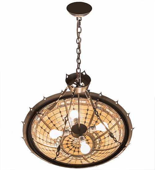 Meyda Lighting Fleur-de-Lite 28" 4-Light Timeless Bronze Inverted Pendant Light With Brown & Beige Shade Glass