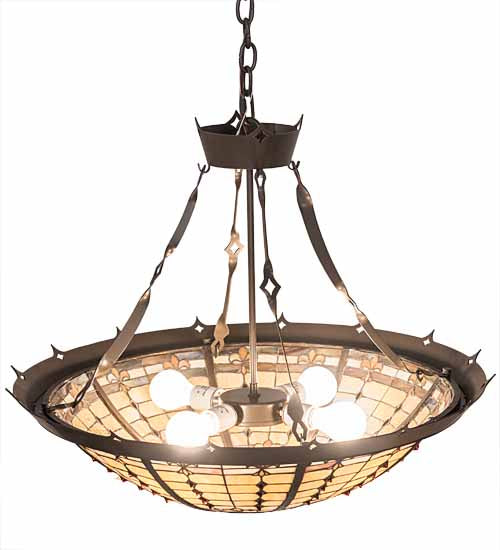 Meyda Lighting Fleur-de-Lite 28" 4-Light Timeless Bronze Inverted Pendant Light With Brown & Beige Shade Glass