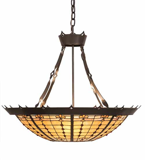 Meyda Lighting Fleur-de-Lite 28" 4-Light Timeless Bronze Inverted Pendant Light With Brown & Beige Shade Glass