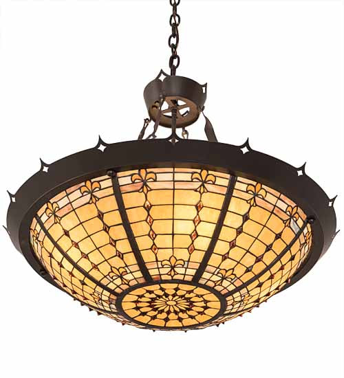 Meyda Lighting Fleur-de-Lite 28" 4-Light Timeless Bronze Inverted Pendant Light With Brown & Beige Shade Glass