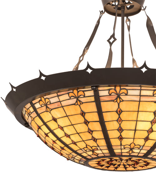 Meyda Lighting Fleur-de-Lite 28" 4-Light Timeless Bronze Inverted Pendant Light With Brown & Beige Shade Glass
