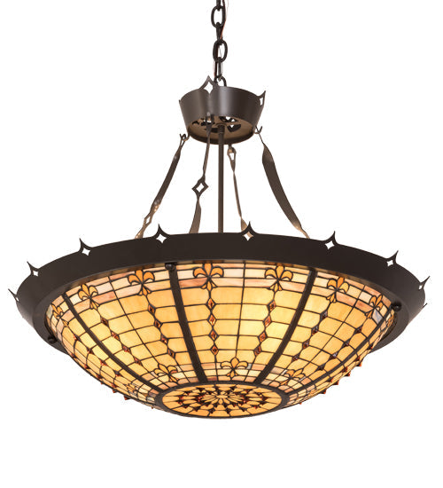 Meyda Lighting Fleur-de-Lite 28" 4-Light Timeless Bronze Inverted Pendant Light With Brown & Beige Shade Glass