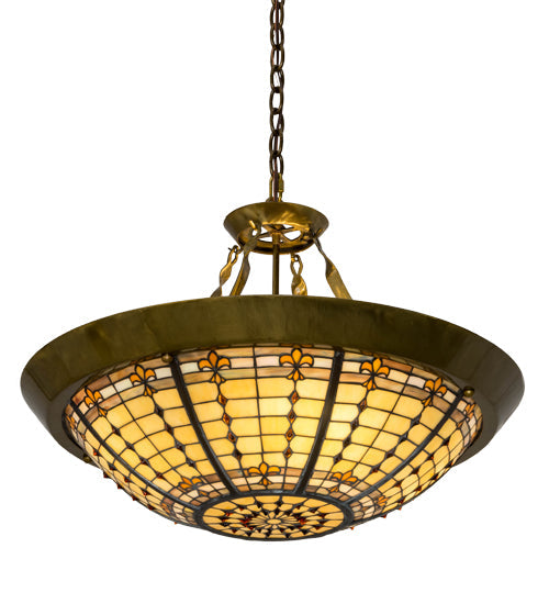 Meyda Lighting Fleur-de-Lite 28" 4-Light Transparent Brass Inverted Pendant Light With Multi-Colored Shade Glass