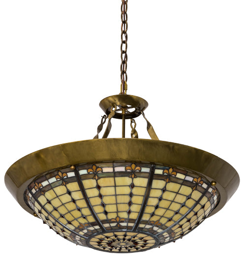Meyda Lighting Fleur-de-Lite 28" 4-Light Transparent Brass Inverted Pendant Light With Multi-Colored Shade Glass