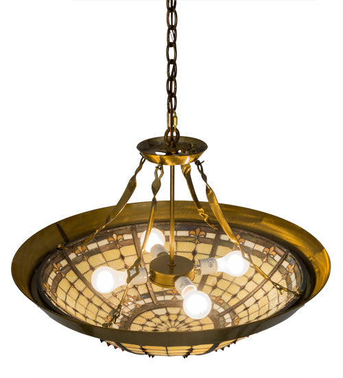 Meyda Lighting Fleur-de-Lite 28" 4-Light Transparent Brass Inverted Pendant Light With Multi-Colored Shade Glass