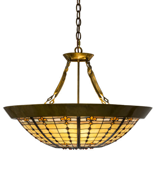 Meyda Lighting Fleur-de-Lite 28" 4-Light Transparent Brass Inverted Pendant Light With Multi-Colored Shade Glass