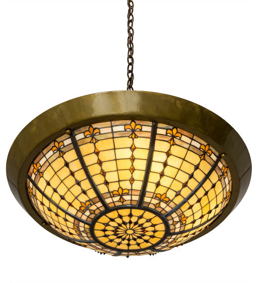 Meyda Lighting Fleur-de-Lite 28" 4-Light Transparent Brass Inverted Pendant Light With Multi-Colored Shade Glass