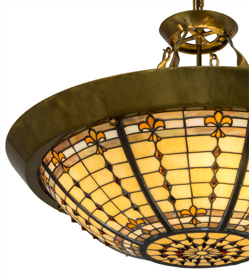 Meyda Lighting Fleur-de-Lite 28" 4-Light Transparent Brass Inverted Pendant Light With Multi-Colored Shade Glass