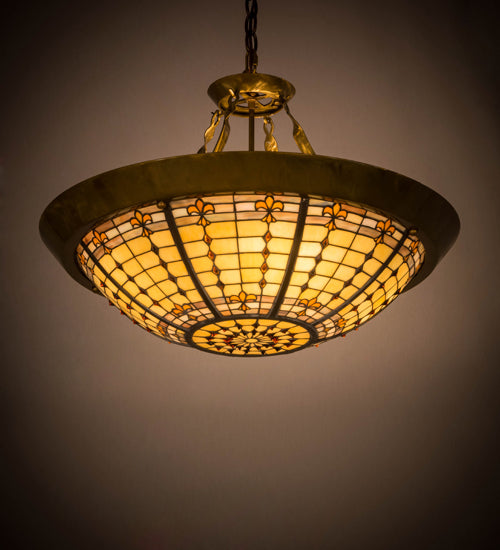 Meyda Lighting Fleur-de-Lite 28" 4-Light Transparent Brass Inverted Pendant Light With Multi-Colored Shade Glass