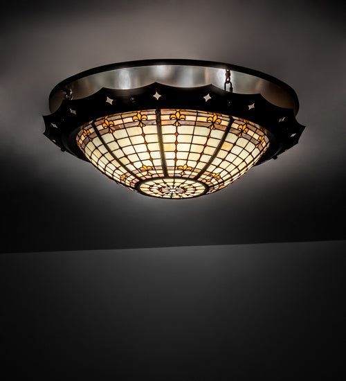 Meyda Lighting Fleur-de-Lite 32" 4-Light Antique Copper & Timeless Bronze Flush Mount Light With Amber & Beige Stained Shade Glass