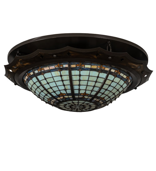 Meyda Lighting Fleur-de-Lite 32" 4-Light Antique Copper & Timeless Bronze Flush Mount Light With Amber & Beige Stained Shade Glass