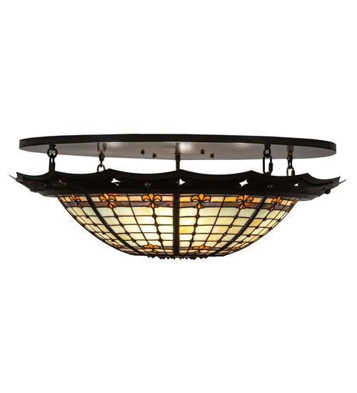 Meyda Lighting Fleur-de-Lite 32" 4-Light Antique Copper & Timeless Bronze Flush Mount Light With Amber & Beige Stained Shade Glass