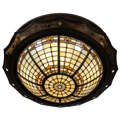 Meyda Lighting Fleur-de-Lite 32" 4-Light Antique Copper & Timeless Bronze Flush Mount Light With Amber & Beige Stained Shade Glass
