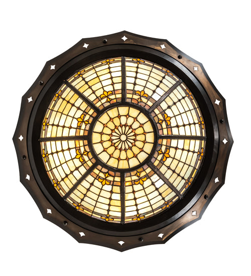 Meyda Lighting Fleur-de-Lite 32" 4-Light Antique Copper & Timeless Bronze Flush Mount Light With Amber & Beige Stained Shade Glass
