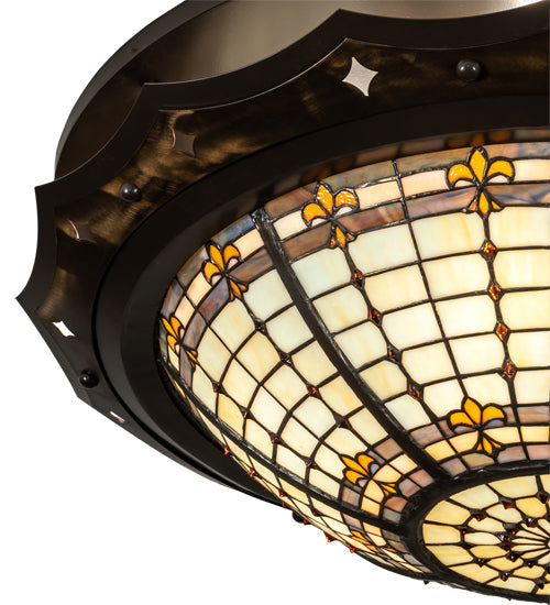 Meyda Lighting Fleur-de-Lite 32" 4-Light Antique Copper & Timeless Bronze Flush Mount Light With Amber & Beige Stained Shade Glass