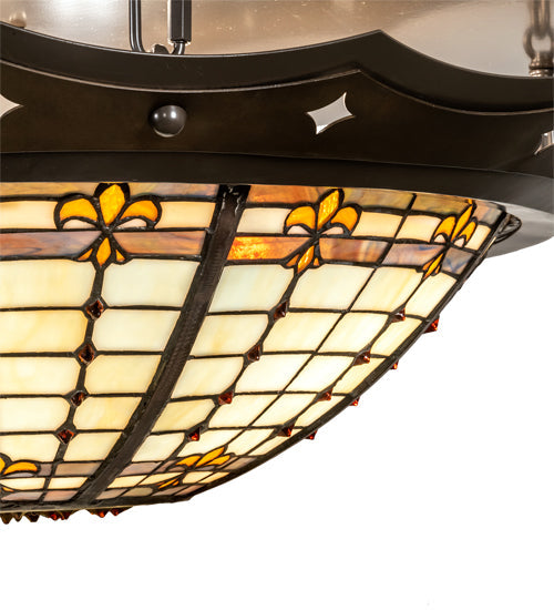 Meyda Lighting Fleur-de-Lite 32" 4-Light Antique Copper & Timeless Bronze Flush Mount Light With Amber & Beige Stained Shade Glass
