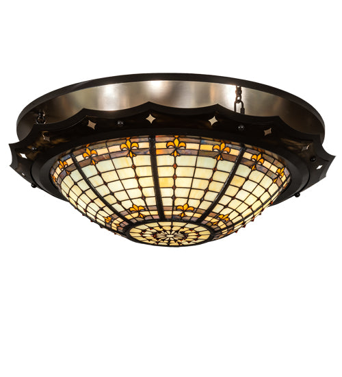 Meyda Lighting Fleur-de-Lite 32" 4-Light Antique Copper & Timeless Bronze Flush Mount Light With Amber & Beige Stained Shade Glass