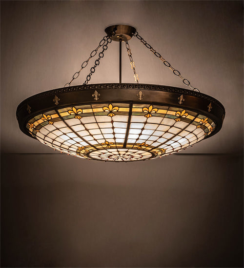 Meyda Lighting Fleur-de-Lite 38" 6-Light Antique Copper & Gold Metallic Semi-flush Mount Ceiling Light With Multi-Colored Shade Glass