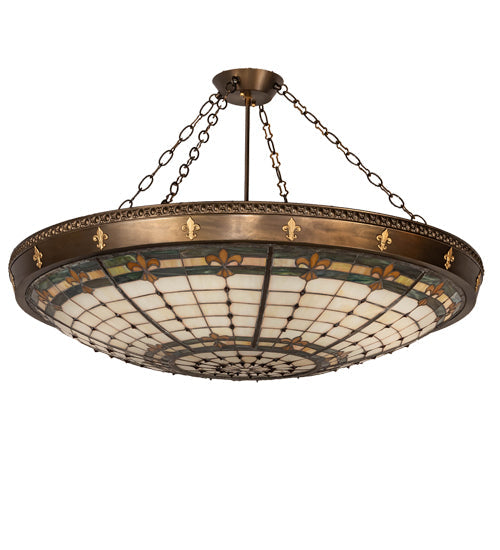 Meyda Lighting Fleur-de-Lite 38" 6-Light Antique Copper & Gold Metallic Semi-flush Mount Ceiling Light With Multi-Colored Shade Glass